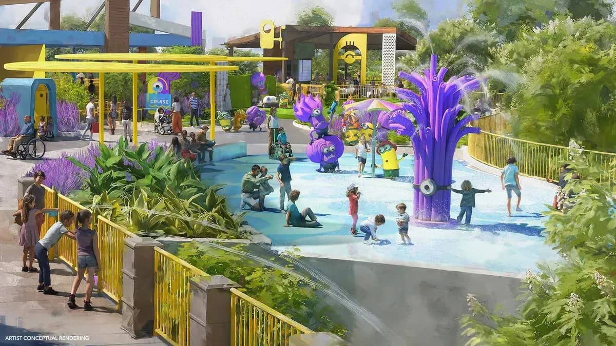 Minions vs Minions Bello Bay Club water ride with Yellow and Purple Minions at Universal Kids Resort Frisco Texas