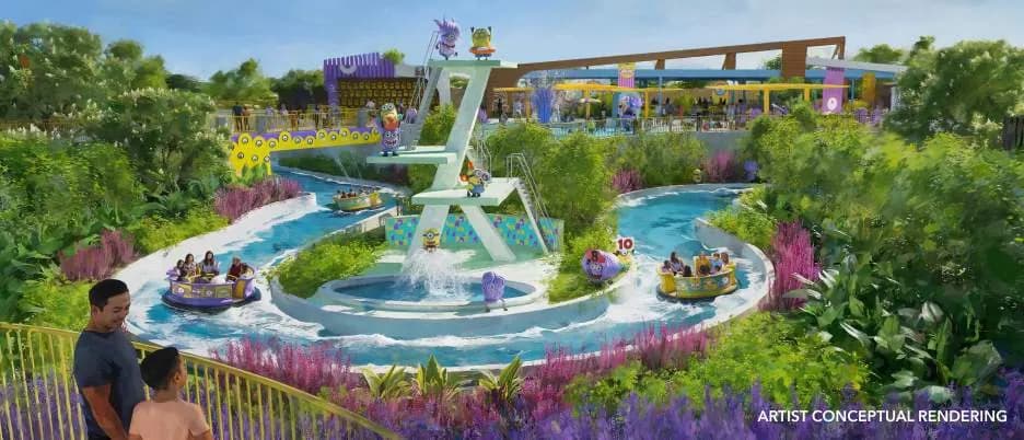 Bello Bay Cruise boat ride through tropical Minion-themed resort at Universal Kids Resort