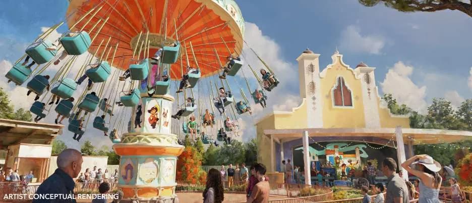 Swings Over Del Mar ride at DreamWorks Puss in Boots Del Mar Universal Kids Resort Frisco Texas