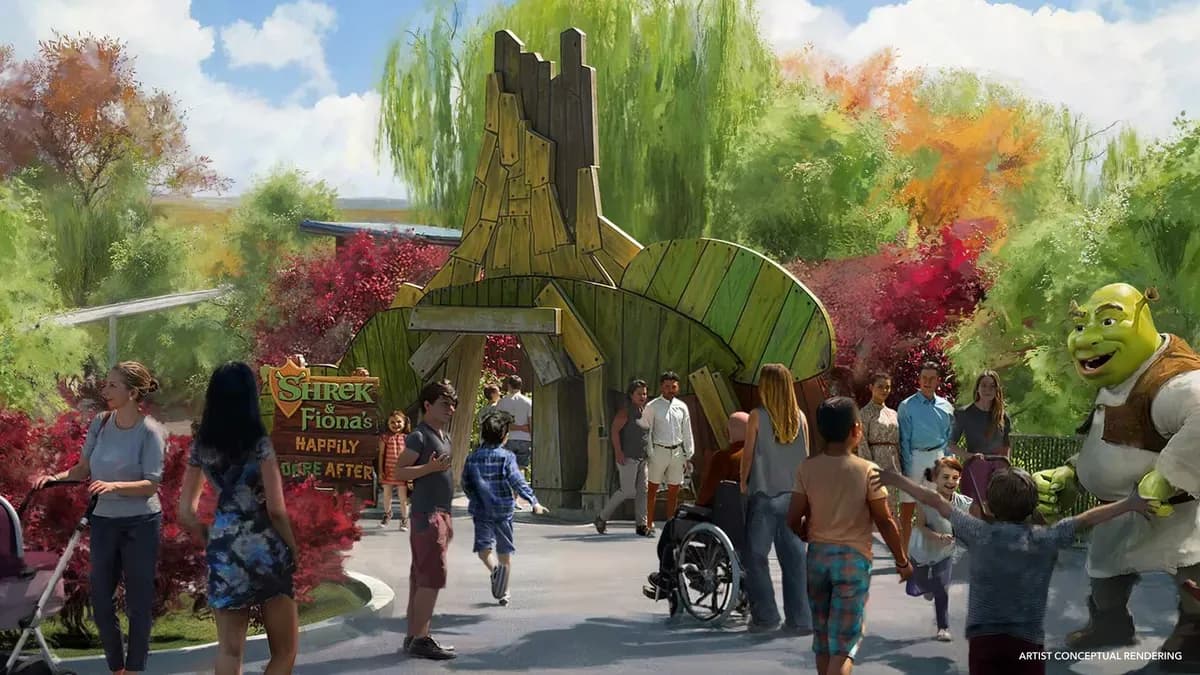 Shrek's Swamp entrance with fairytale village at Universal Kids Resort Frisco Texas