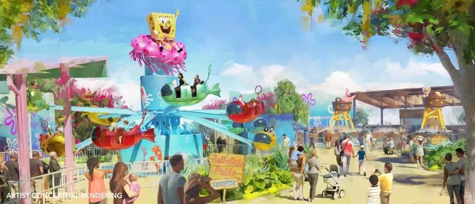 Bikini Bottom boardwalk with Barnacle Bus and Goofy Goober's at Universal Kids Resort